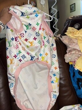 Louis Vuitton style White Multicolor Monogram Pet Hoodie with Pink Trim